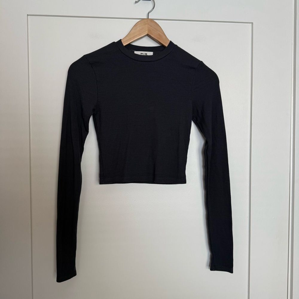 Joah Brown Top Womens Sz XS / S Gray Ribbed Crew Long Sleeve USA Stretch